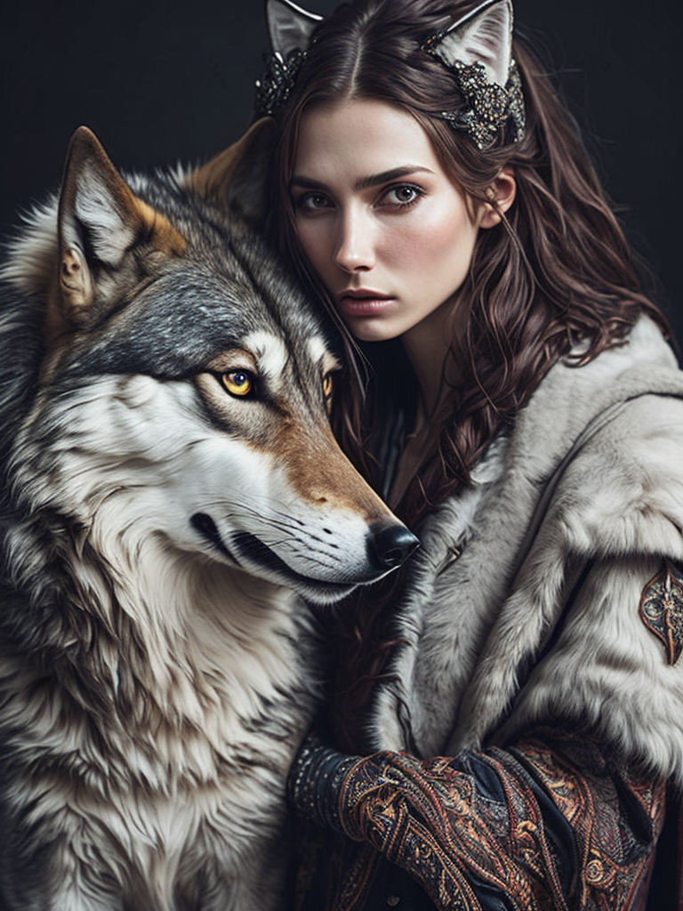 Portrait of a Beautiful women from Russian fairytale wearing traditional costume hugging a wolf