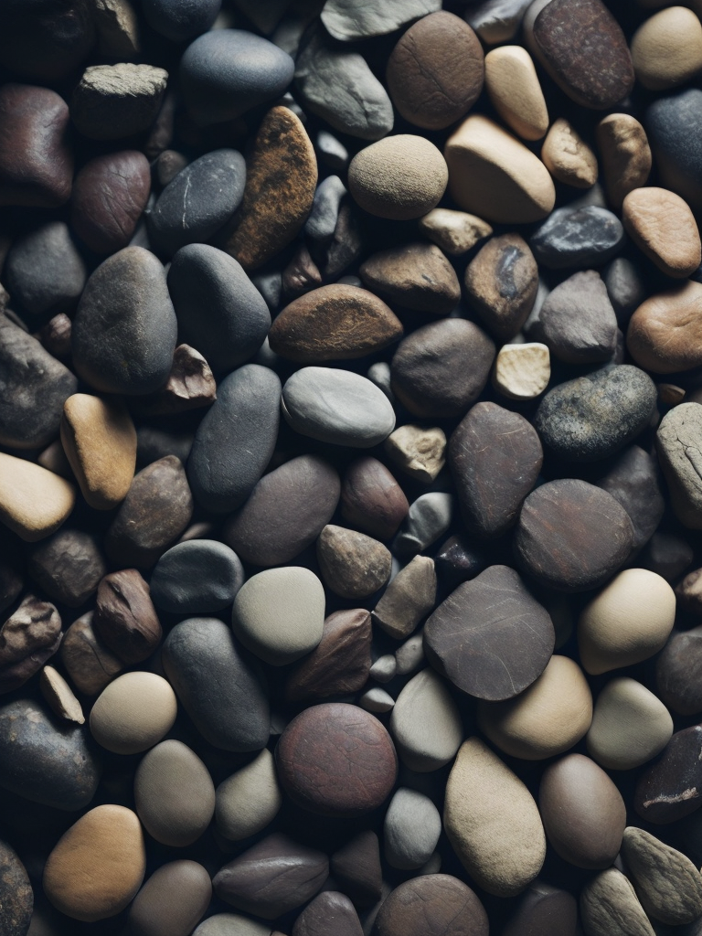 Texture of stones, pattern, background, top view, organic texture, seamless texture, scattered stones, gray and brown colors, deep colors, contrast lighting, voluminous stones, stones lie on top of each other, closely stacked stones