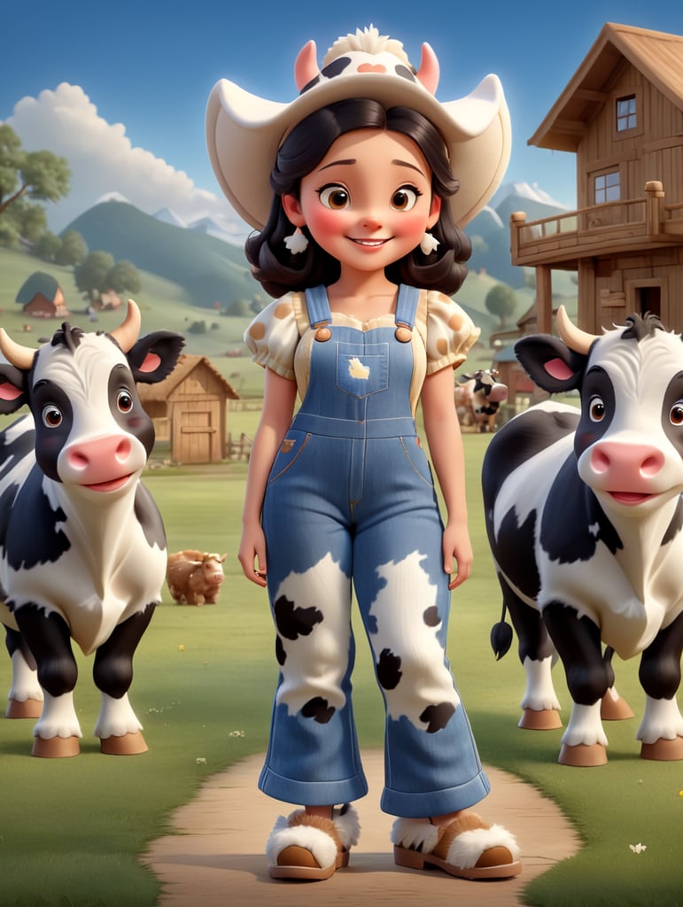 Draw a happy young woman wearing furry slippers on her feet that look like small holstein cows. The woman wears a large cowbow hat and denim overalls, and is standing in a barnyard with bears shown in the background.