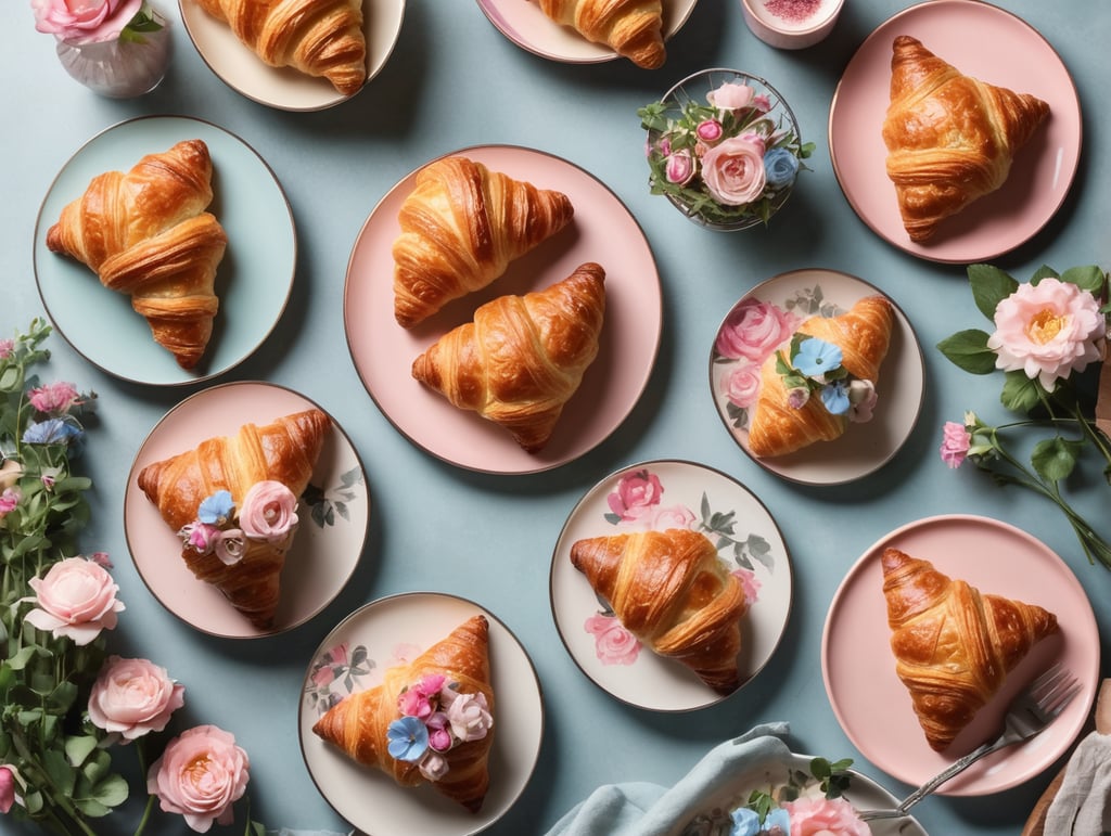 Cookbook photo, top - view, wire cooling rack, croissants, with a floral, allow, banner, pink and pastel blue, farmcore
