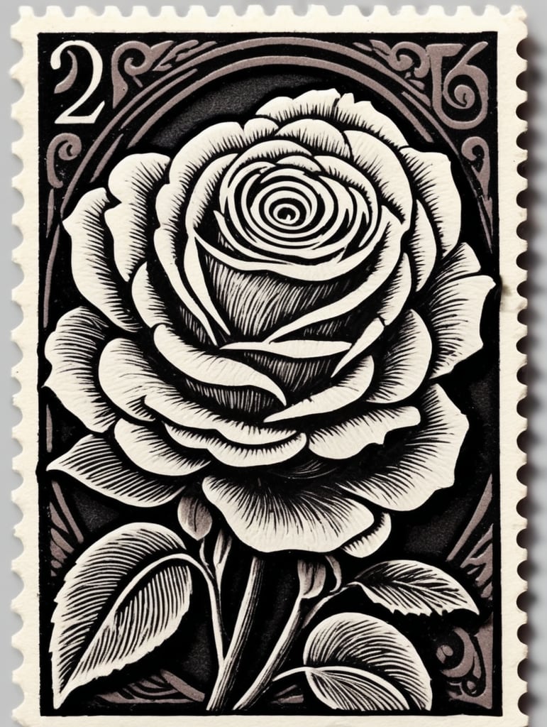 Black and white linocut postage stamp king with rose thick bold dark lines
