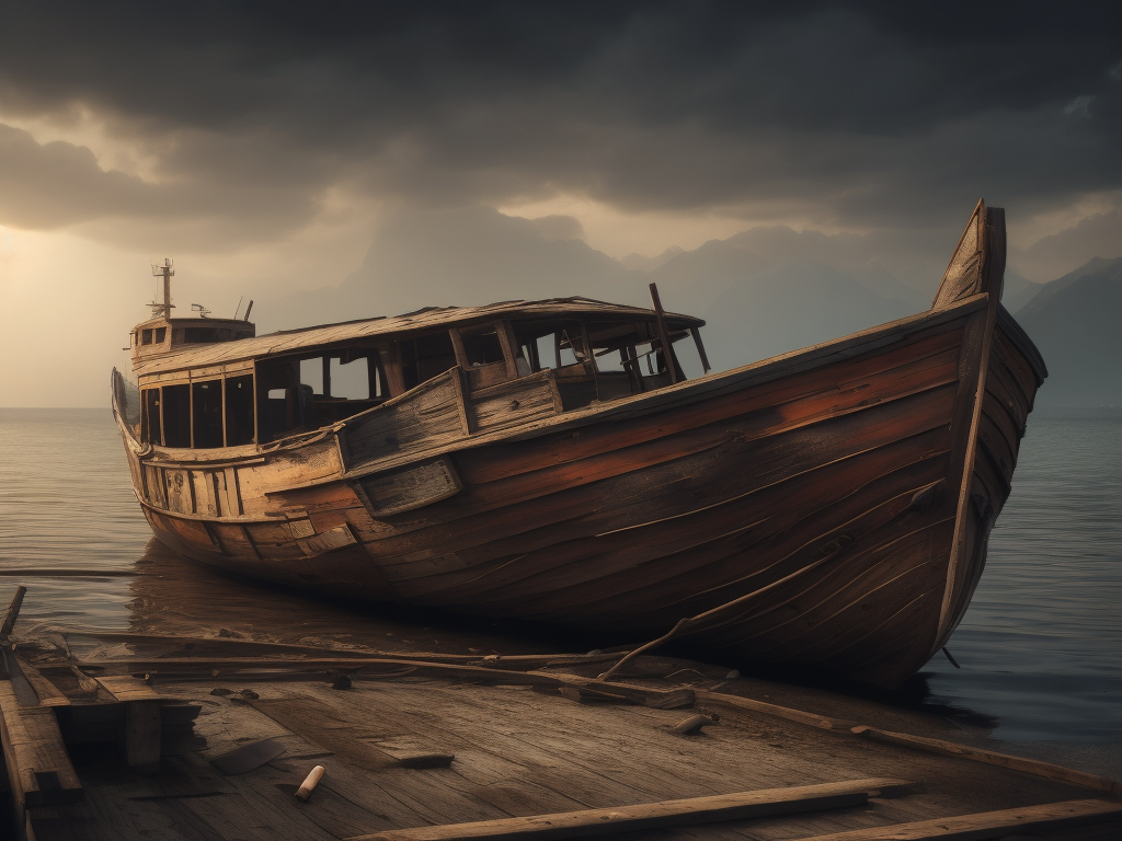 Abandoned broken wooden boat in a dilapidated dirty harbor, high definition, photorealistic, smooth gradients, no blur, sharp focus, cinematic lighting, epic scene
