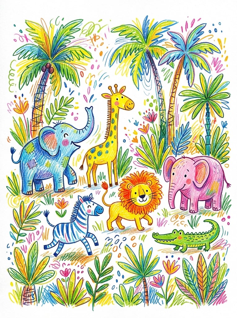 vibrant child-like colored pencil illustration of whimsical jungle animals, blue elephant with raised trunk, yellow lion with orange mane, blue striped zebra, yellow giraffe, pink elephant, small green crocodile, stylized colorful foliage, palm tree, energetic scribbles on white background, naive art style, expressive sketching, bright colorful strokes