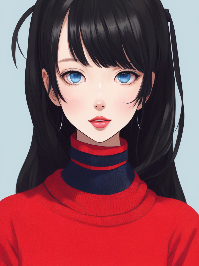 1girl, tohsaka rin, solo, long hair, sweater, red sweater, looking at viewer, blue background, black hair, simple background, two side up, turtleneck, blue eyes, lips, closed mouth, ribbon, hair ribbon, bangs, turtleneck sweater, upper body, parted bangs, black ribbon, ribbed sweater, twintails, nose,