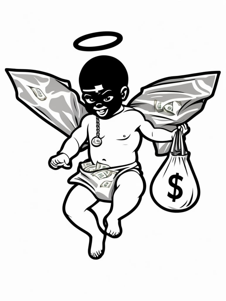 Gangsta baby cheerub boss Sticker with bag of money, in the style of simple black and white line art vector comic art on a white background