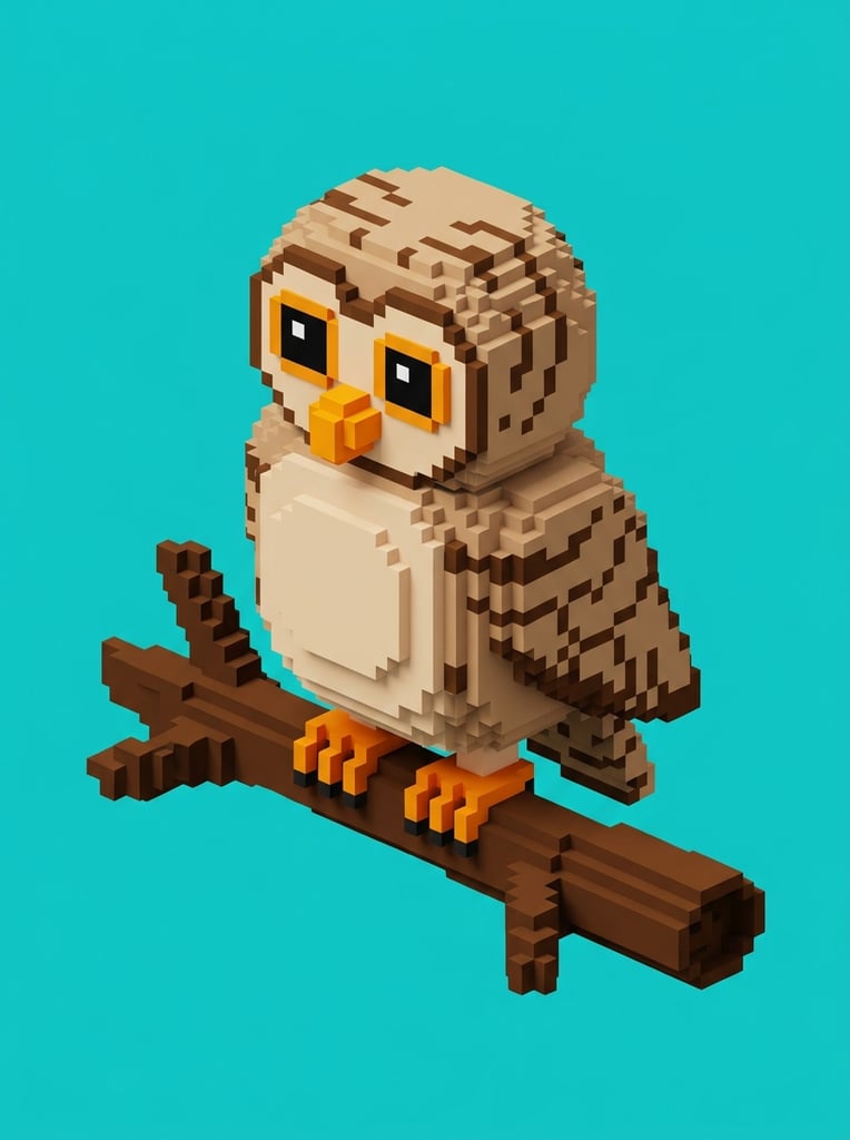 voxel art owl perched on a blocky branch, isometric 3D pixel art, beige chest, light brown plumage with dark brown stripes, large black square eyes, orange cubic beak and claws, solid bright teal background, minimalist composition, clean flat lighting, block-based modeling