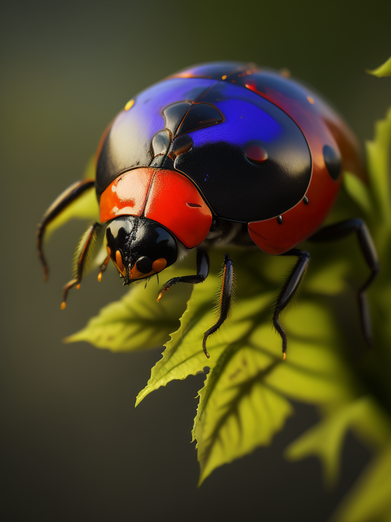 ladybug macro photography, close-up, dramatic lighting, vibrant colors, color gradients, depth of field, incredibly highly detailed foliage, artistic precision, clear details, floral arrangement background