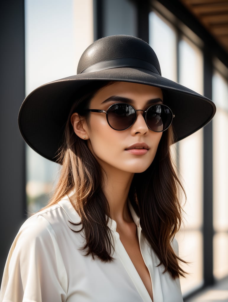 Fashion work feauturing a female model wearing minimalist women’s clothing, wearing a big hat and Chanel sunglasses, shot in a Bauhaus buiding with bright and soft lighting, creative a minimalist and sleek style with a sense of sophistication and high end feeling, fine lines and intricate details, realistic anatomies, Nikon D800, black and white photography with grain