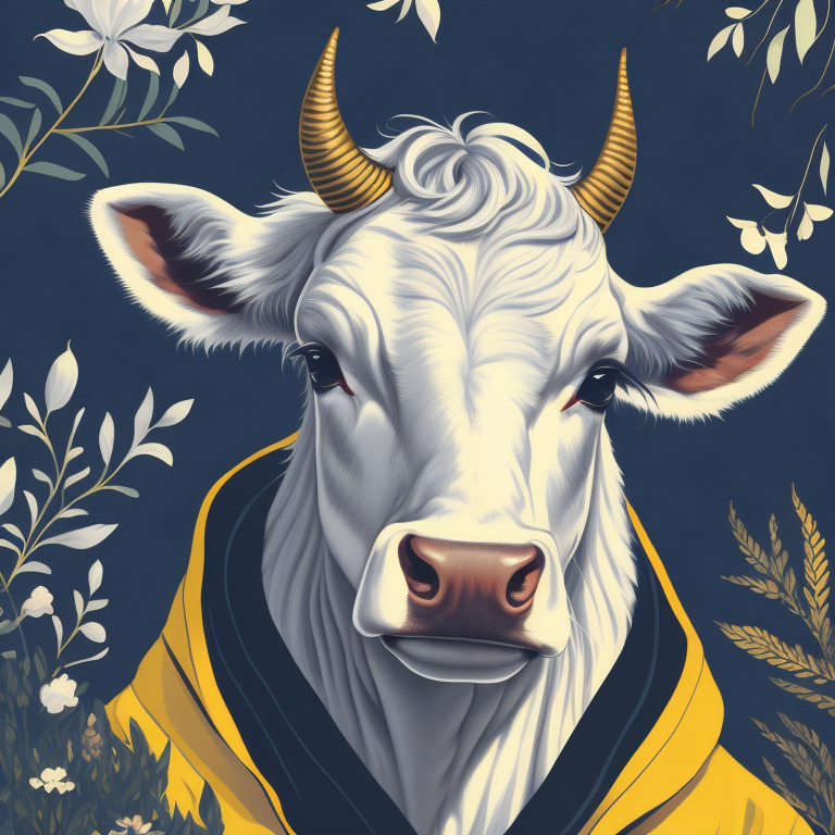 white cow,portrait, blue hoodie, in glasses, vintage, photorealistic illustration, vector, flat, isolated on white background, Painting, Oil, Still Life, Botanical, Italy, Acrylic, Hip Hop, style of Pierre-Joseph Redoute