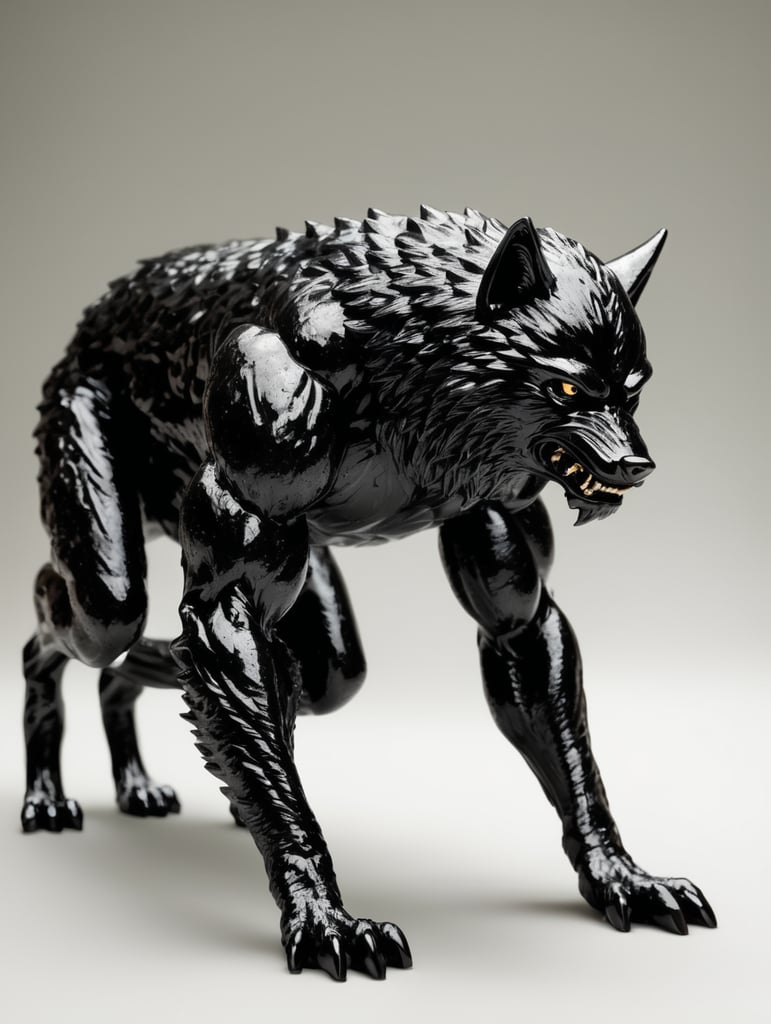 side view shiny black wolfman crawling