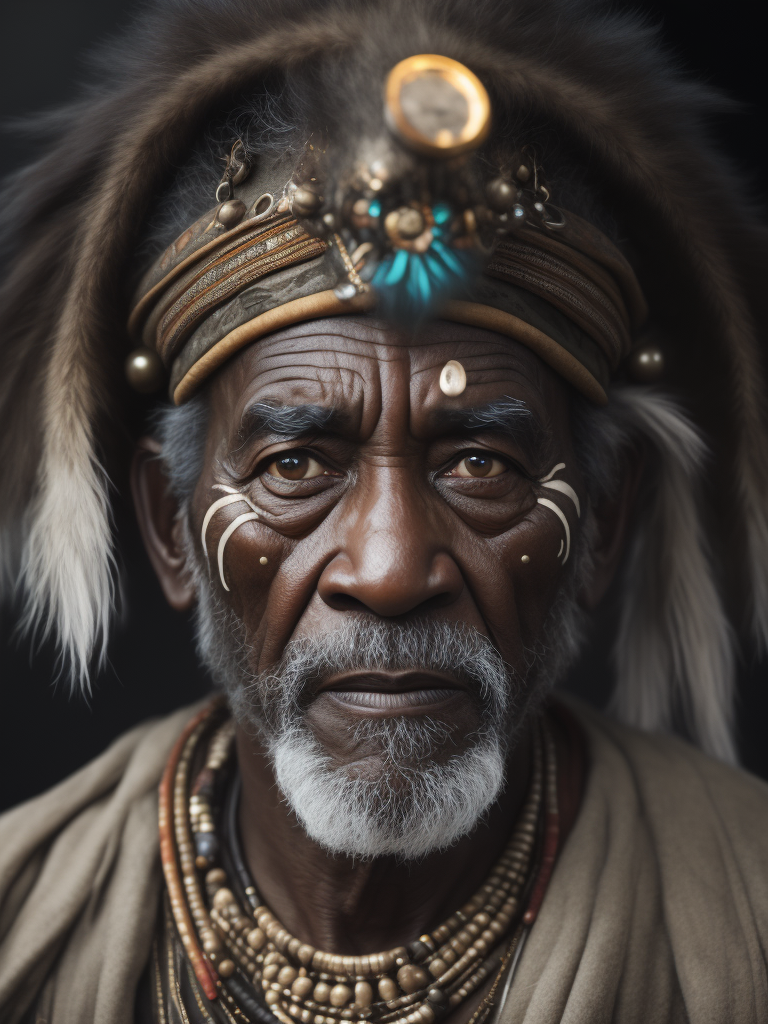 Portrait of a black elderly male shaman, gray beard, muted tones, black background