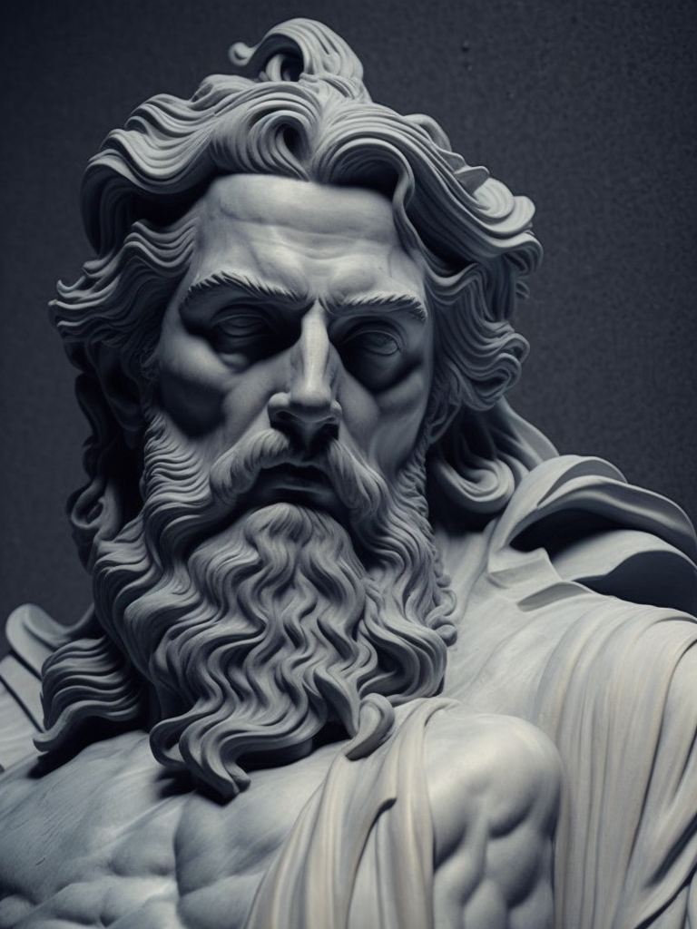 dark marble statue of zeus, dark atmosphere, sharp on details