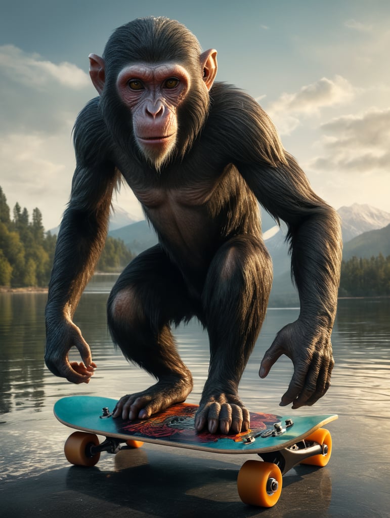 generate the image of an alien monkey, on a skateboard on a lake.