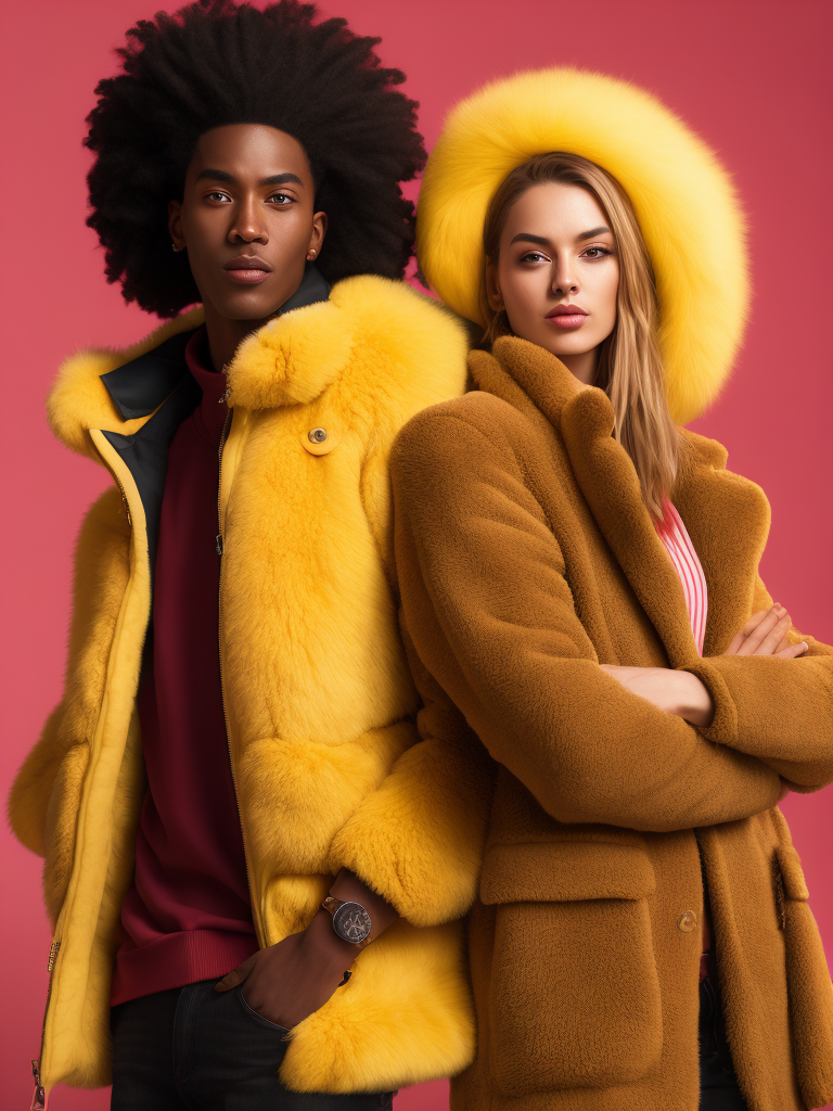 Man and women wearing a very fluffy jackets, yellow fluffy jackets, on a pink background, bright colors