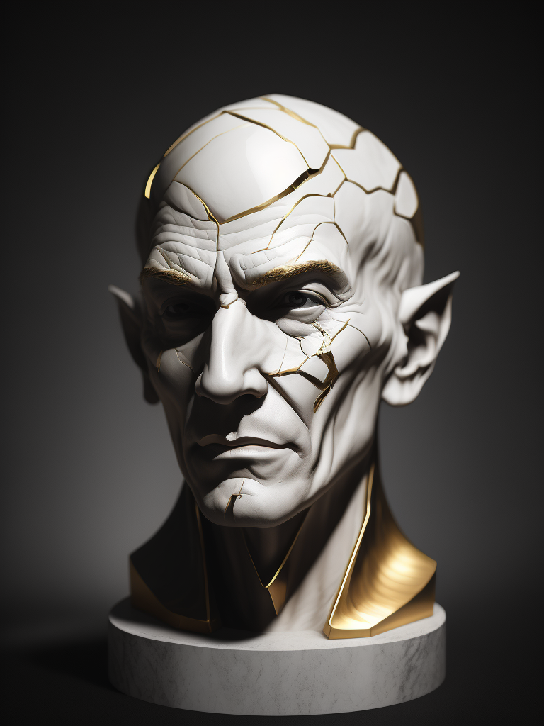 A cracked white marble sculpture head with gold inside, studio lighting, dark background