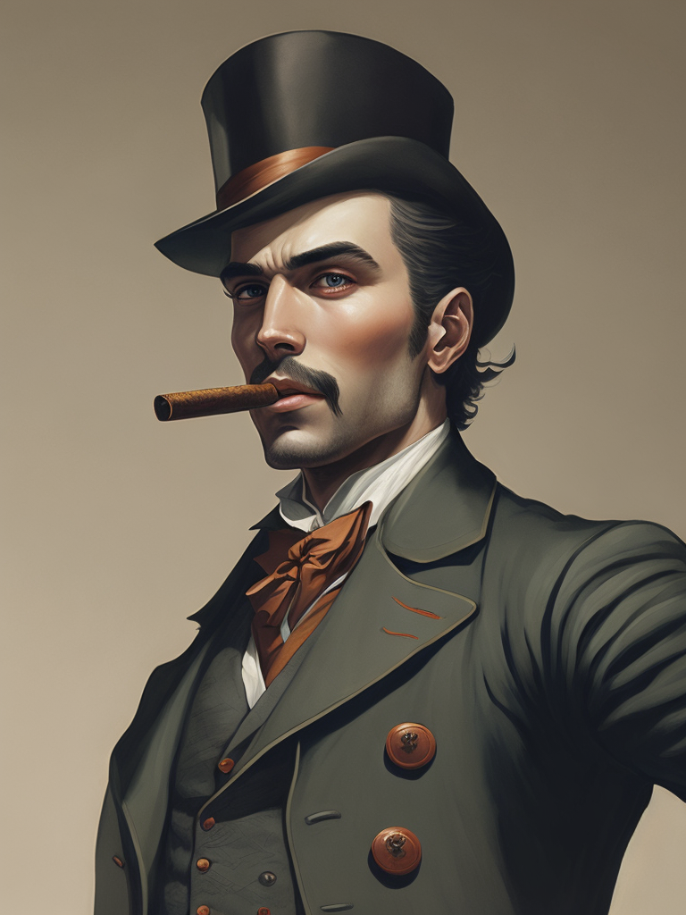 Vintage portrait of a man in a top hat and a buttoned frock coat and with a cigar in his mouth, Aggressive look, sharp focus, highly detailed
