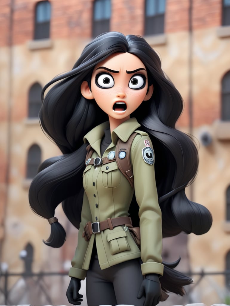 Female with long black hair and dark black eyes from attack on Titan who wear 3D Survey Corps maneuver kit and Walls background