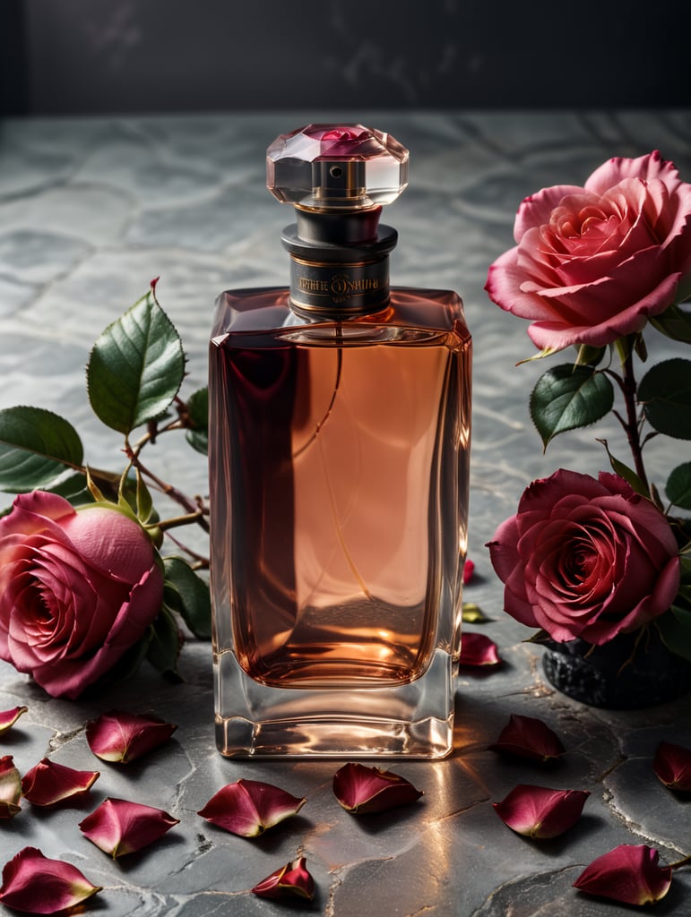 professional photography of a luxury perfume, square bottle, surrounding a rose petals, rose satin scarf on a background, no label, clear, mockup