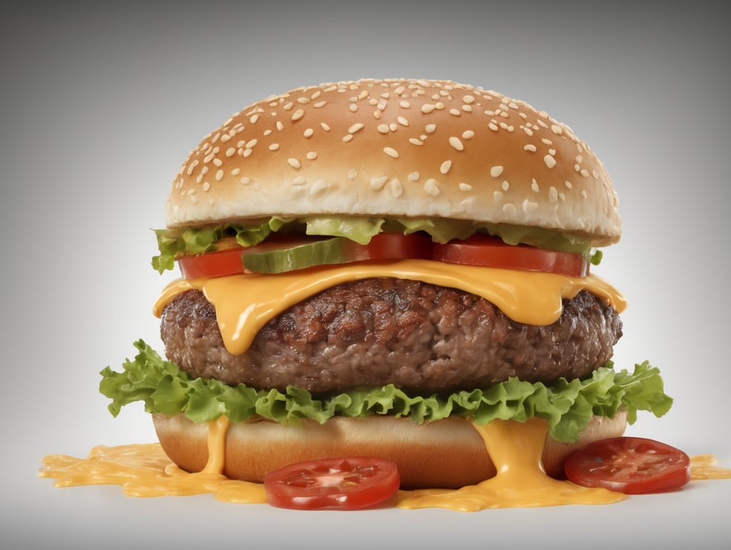 an appetizing burger with lettuce, tomato and melted cheese. lots of cheese overflowing, ultra hd, isolated, hyper realistic, detailed,
