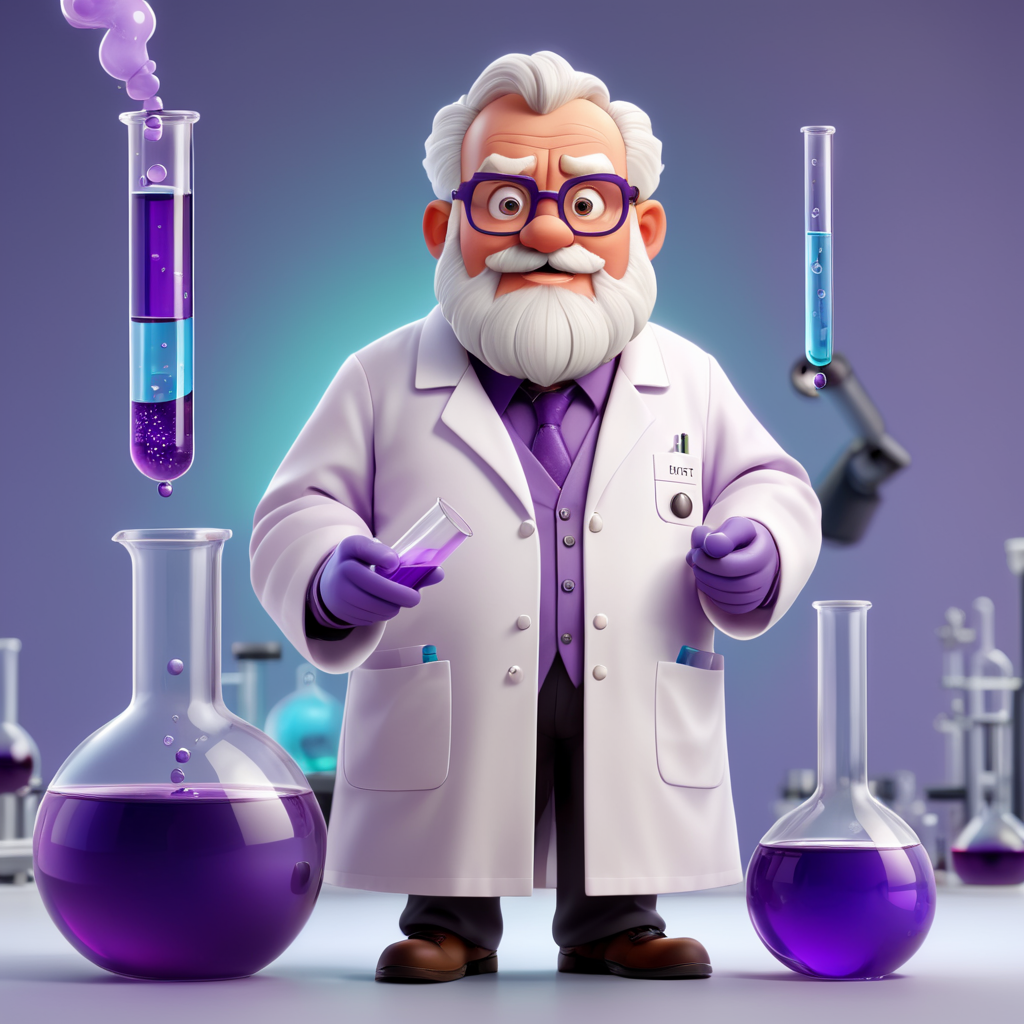 A 3D illustration of a scientist in a laboratory. The scientist is an older man with a white beard and glasses. He is wearing a white lab coat and a purple shirt. He is holding a test tube in his hand and is looking at it with a surprised expression. The background is a laboratory with various scientific equipment such as beakers, flasks, and test tubes. There is a purple liquid spilling out of one of the beakers and floating in the air.