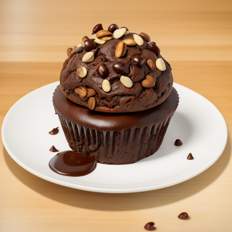 chocolate muffin with nuts on a plate, focus on details, high quality photo