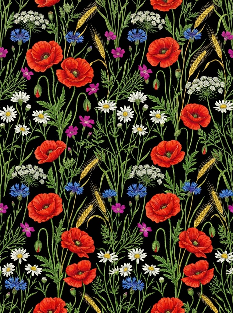 seamless botanical floral pattern on solid black background, large vibrant red poppies, blue cornflowers, white daisies, Queen Anne's lace, small magenta blooms, tall slender green stems, golden wheat stalks, vintage natural history illustration, flat composition, high contrast