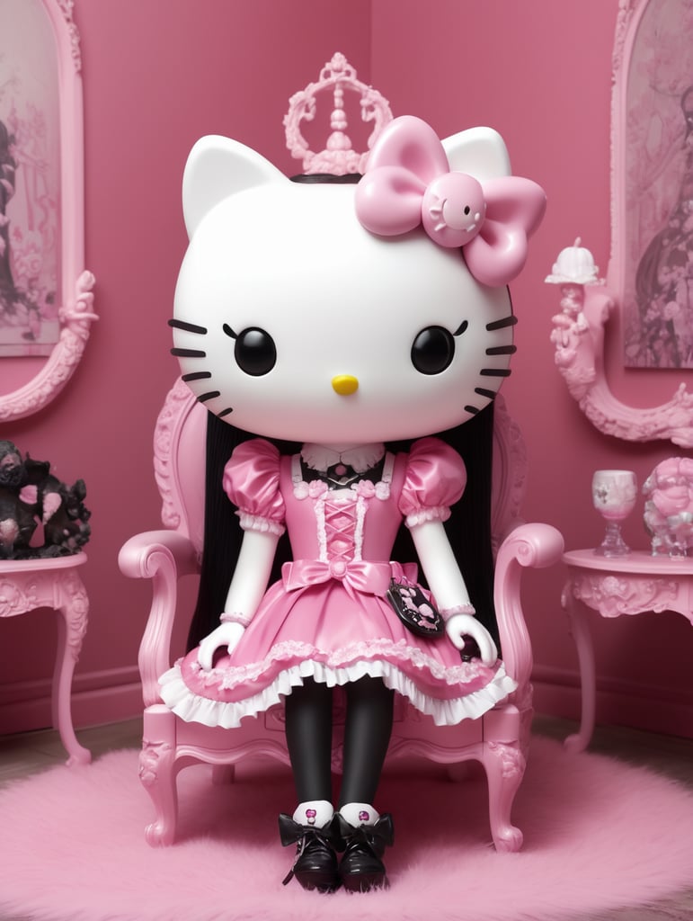 hello kitty as a Goth in the pink room