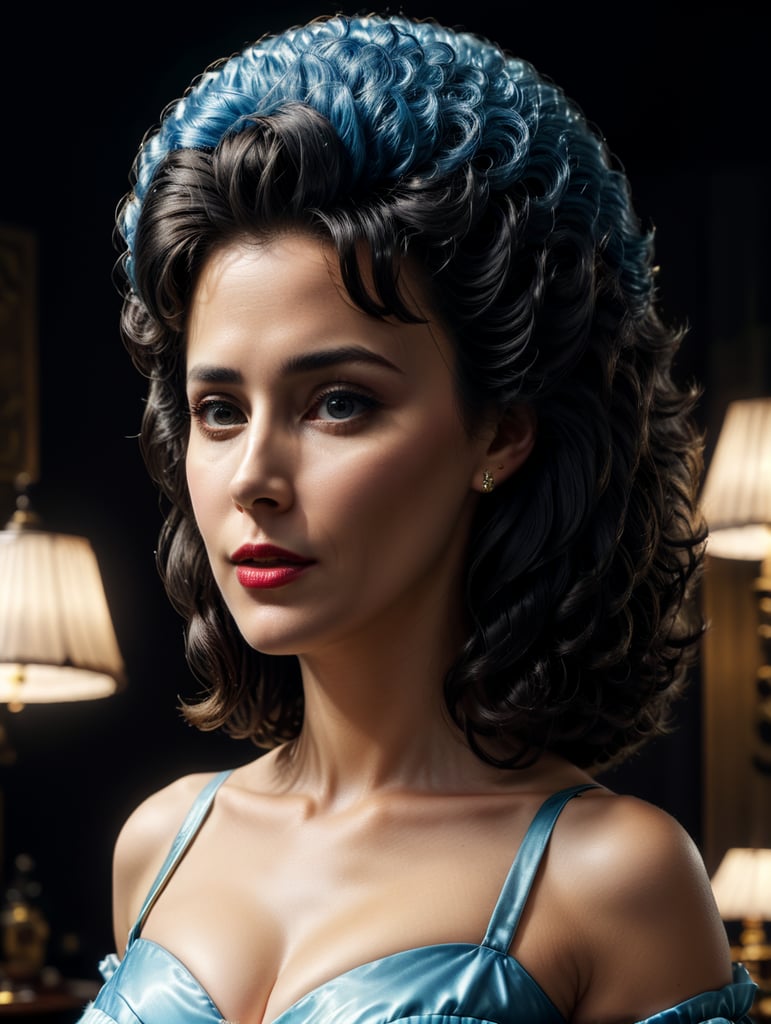 Photorealistic, Photograph of woman in a Marge Simpson costume, Simpsons TV haute couture, 1950s housewife, hirsute, magic, dream sequence, vibrant, hyper-realistic photograph, dreamlike figure, etherial figure, higher consciousness, shot with Canon EOS R5 RF 100mm F2. 8L MACRO IS USM,