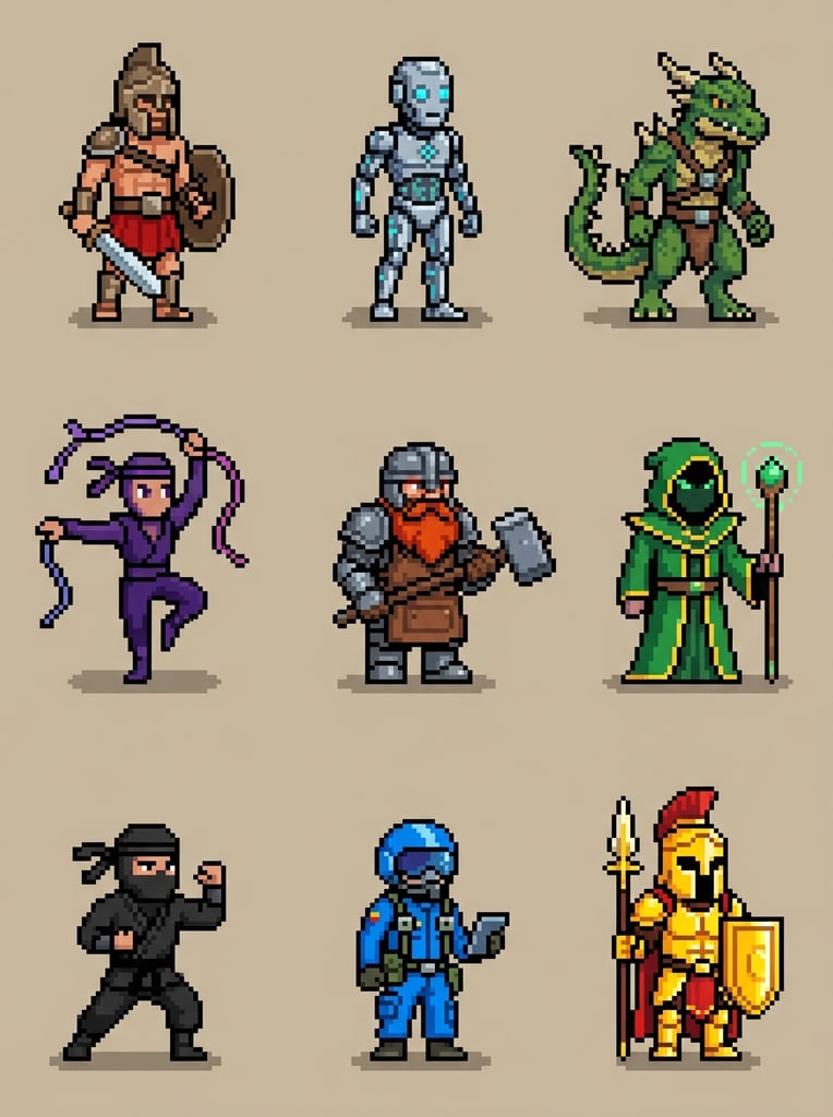 Nine minimalist pixel-art character sprites form a three-by-three grid on a flat beige background. The blocky avatars represent a diverse roster of fantasy and sci-fi archetypes with distinct, vibrant color palettes. The top row features a bronze gladiator, a silver android, and a blue-scaled reptilian. The middle row displays a purple-clad acrobat, an armored dwarven blacksmith, and an emerald-robed mystic. The bottom row presents a black-clad martial artist, a pilot in a blue flight suit, and a royal guard in ceremonial gold armor. Subtle drop shadows ground each brightly colored figure.