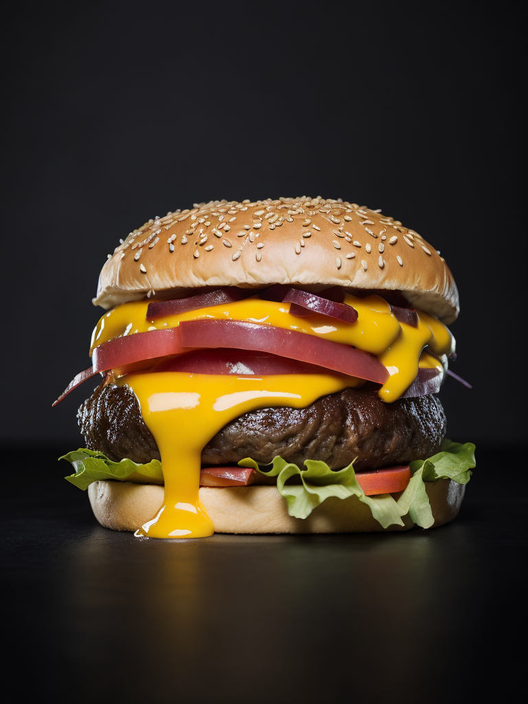 appetizing burger with leaking cheese on black background