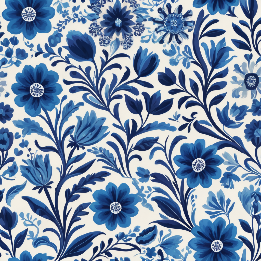 Seamless pattern beautiful floral pattern with blue flowers in the background, in the style of polish folklore motifs, juliana nan, mexican folklore - inspired, tivadar csontváry kosztka, clara peeters, texture exploration, blue color scheme, blue pallete, amoled, 264k render HD