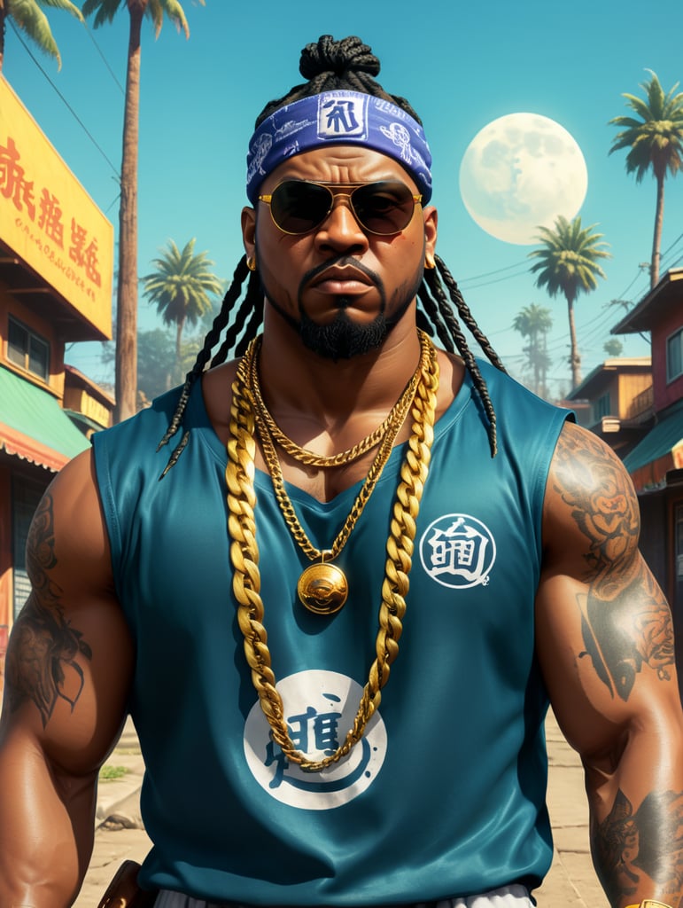 a simple Logo art of A furious, angry furious black crazy fat man ,box braids and cap, sunglasses ,gang member, gangsta 1990's, arms crossed , Loose clothes, royal bandana in your face and baseball jersey , Golden chain ,ultra realistic, intricate details , real colors , 8k , uhd, comic, gta san andreas style , A hood ghetto behind the central image rounded bandana background , Dragon Ball Z style vaporwave