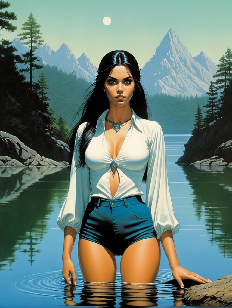Beautiful revealed girl in lake, looking at you, minimalist, 1970's dark fantasy book cover paper art, dungeons and dragons style drawing, by larry elmore