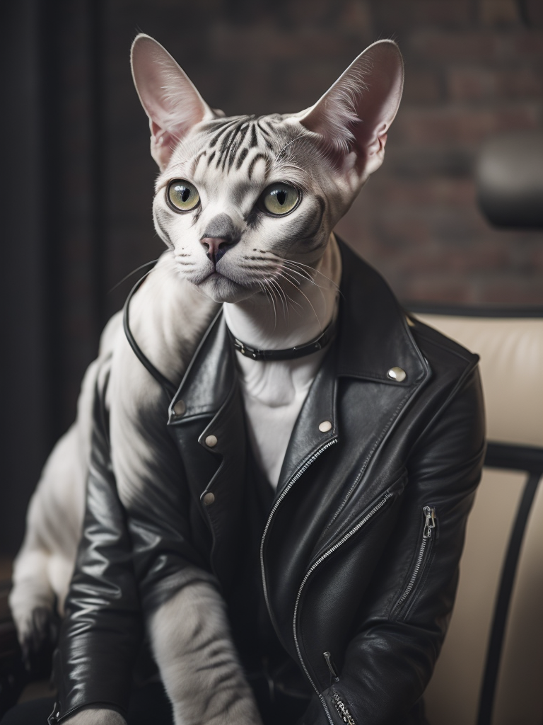 bold white sphynx cat with black and white rocker tattoos wearing a black biker leather jacket