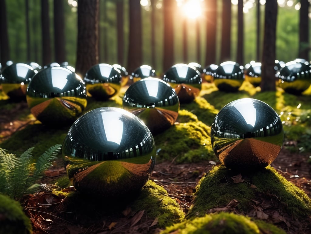 chrome round balls flying in the forest, no blur, sharp focus, cinematic lighting, epic scene