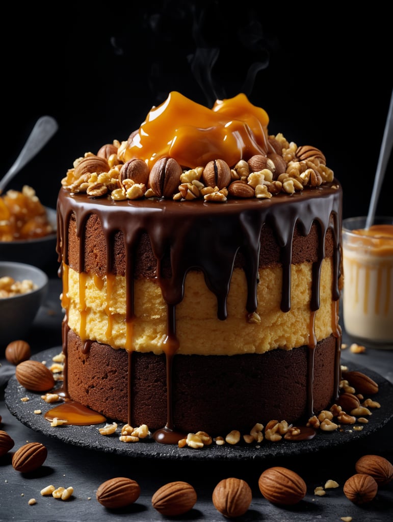 sponge cake with salted caramel, butter cream and nuts.