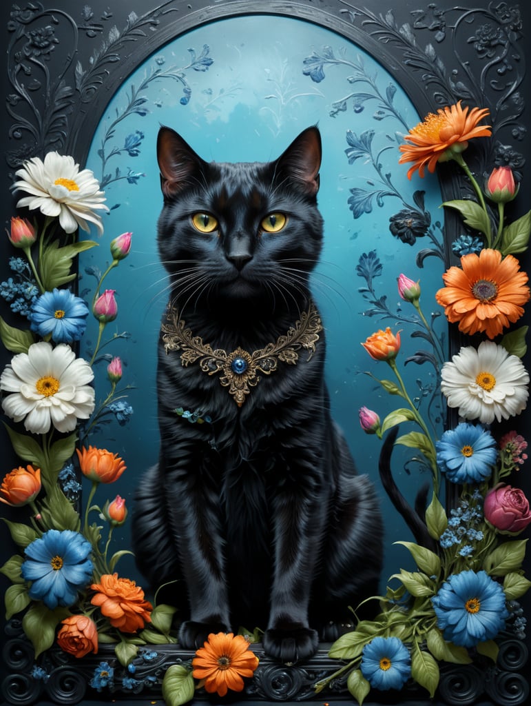 blue blackground whit a black cat whit flowers and briged