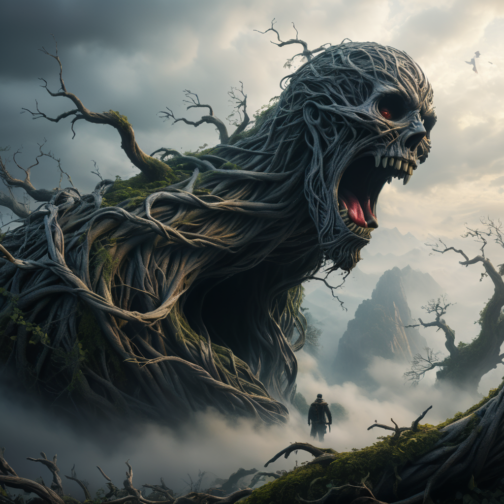 a tangle lots of human figures entwined between a twisted thin piece of cloth, as part of many twisted branches disappearing into the distant mist, epic photo, sharp on highly detailed skin with wrinkles and high contrast, photorealistic, 4K, 3D, realism, hyperrealism, detailed, good lighting, detailed texture, modern photography style, 3D, 4D, 4K --2:3