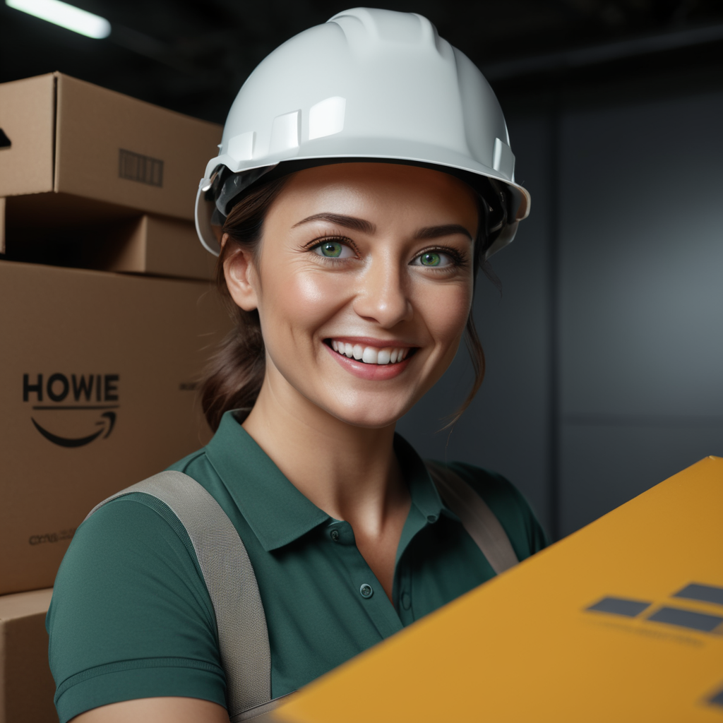 happy worker using construction helmet, polo tshirt color #FDB813, with a box on her hands smiling, green eyes, white background