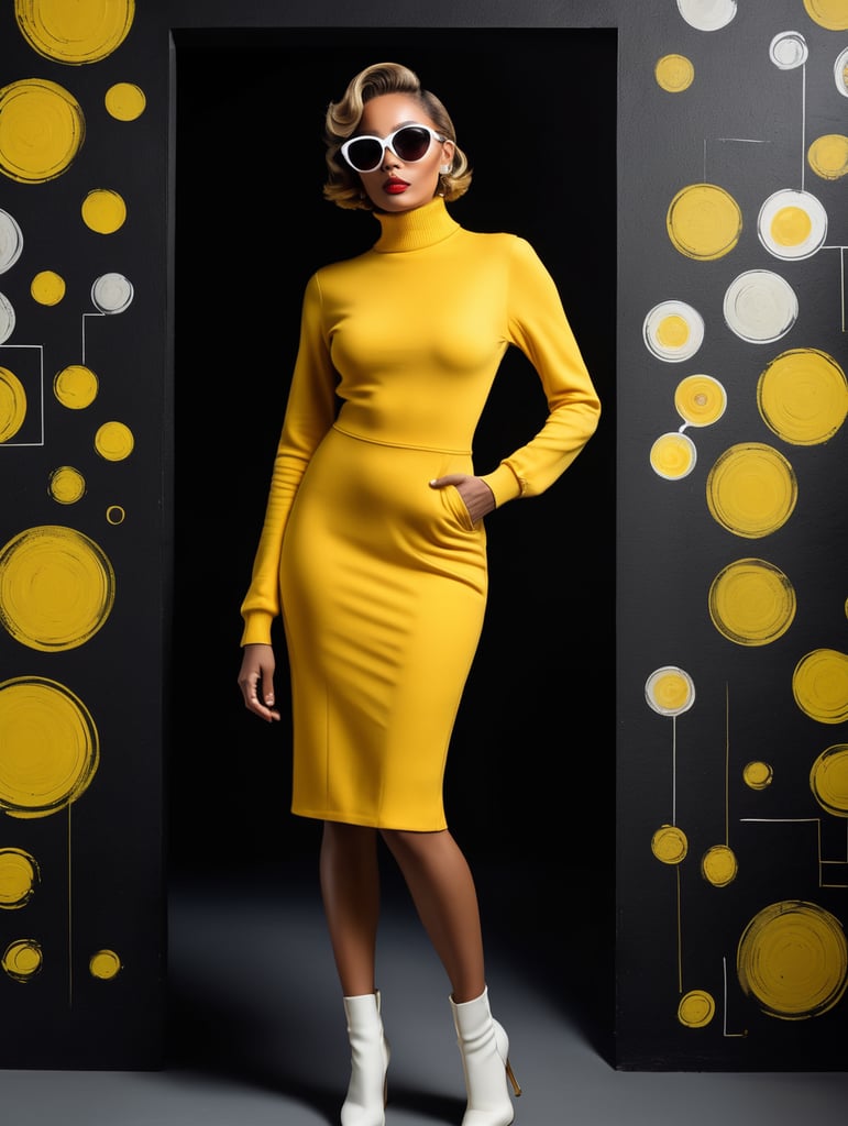 Front profile full body photography, in front of black wall, a hip hop 80's British model woman with 50's haircut, in a yellow and white turtleneck dress and large sunglasses, art by Sergio Lopez and Salvador Dali