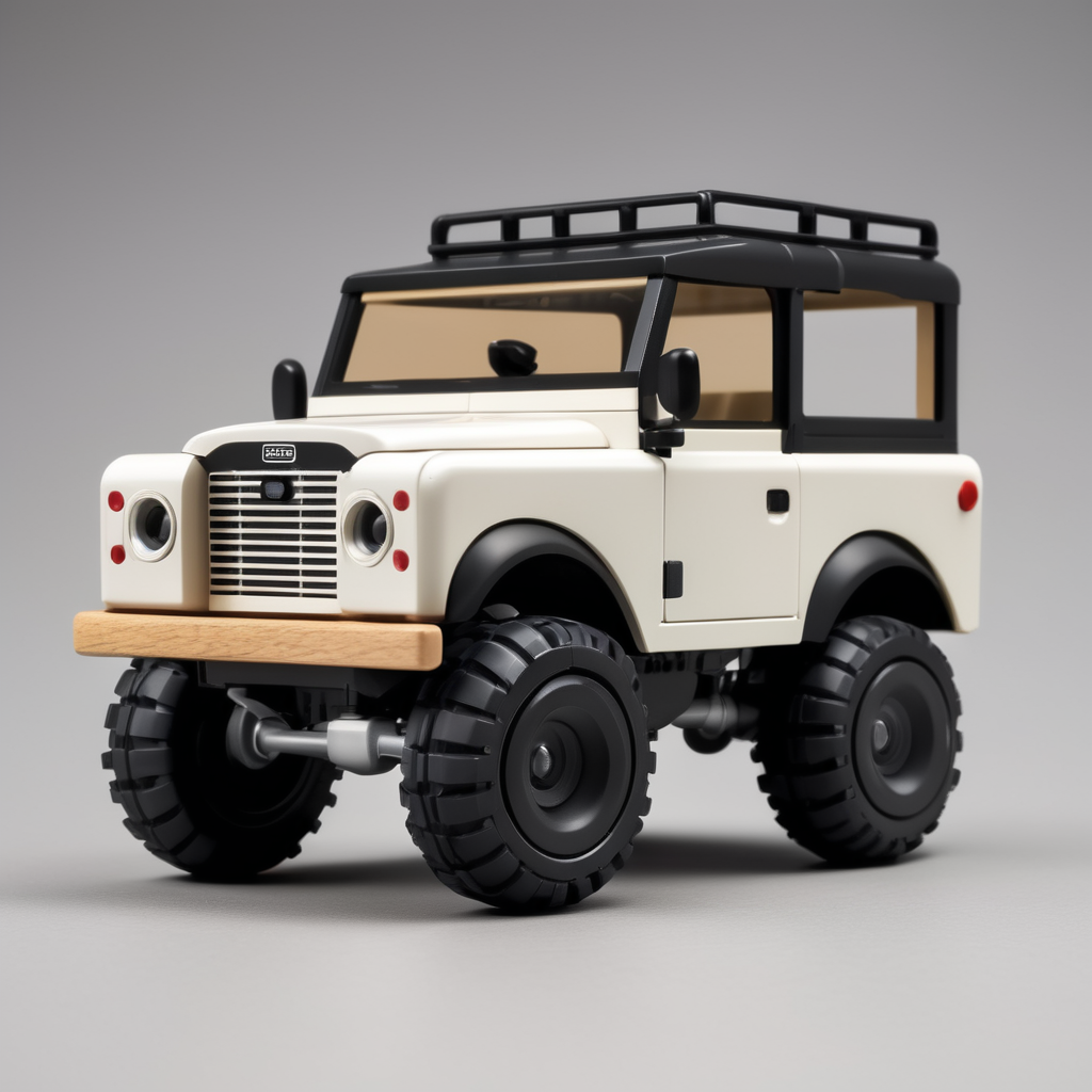 Small toy landrover jeep designed by Dieter Rams. Oversized wheels. Ultra minimalist industrial design. Oak and injection molded plastic. Full object in view. Wide hull. Chibi style.