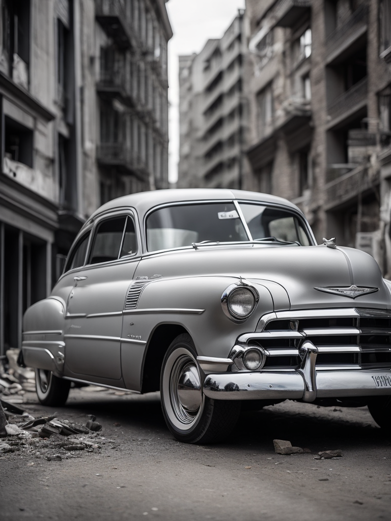 black and white photo of a 1952 Gray Chevrolet goes through bombed city, world war 2