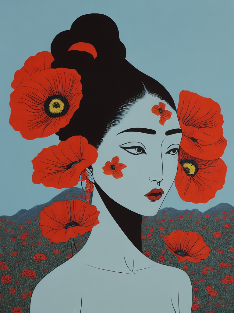 Hiroshi Nagai, ultrafine detailed painting of a woman with a n opium poppy flower in her hair, whimsical, detailed painting