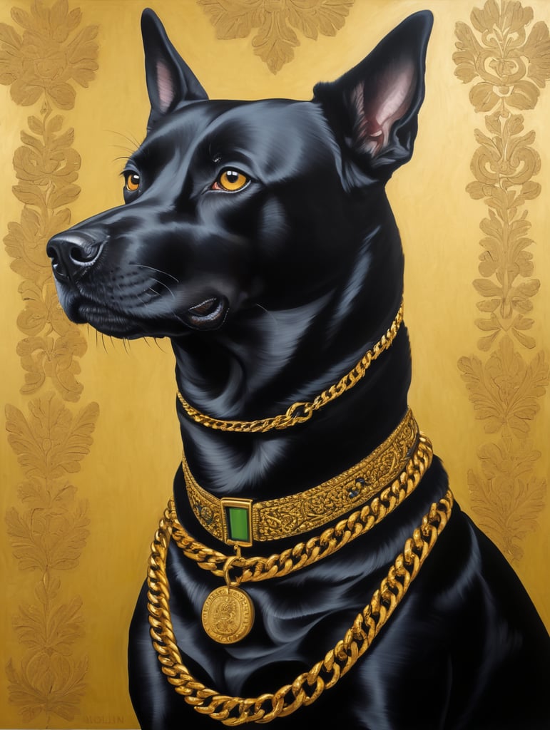 a angry black dog with a gold chain on neck, style of Catherine Nolin, Painting, Acrylic, Oil, Portrait, Interior, USA