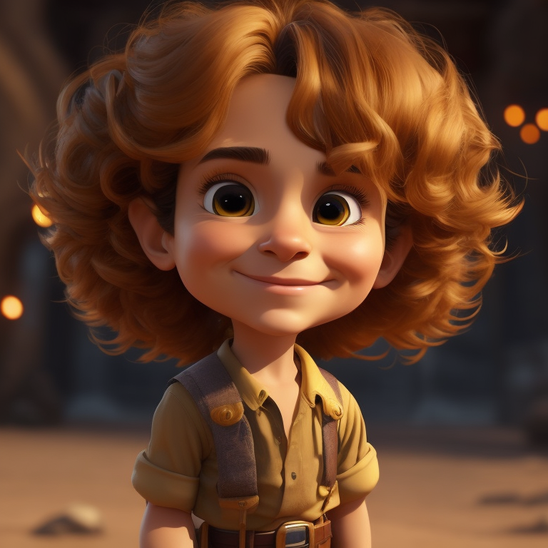 a young boy adventurer similar to Indiana Jones, creative, and kind-hearted person with long, curly blonde hair, big eyes, small nose, and a smiling mouth, standing centered in 3D style, rendered using beautiful Disney animation, Pixar style, Disney style, 3D style