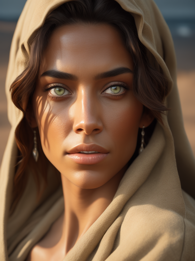 a photorealistic image of Mary from the Bible, green eyes, olive skin, tanned, extremely detailed, realistic face, natural skin texture, extremely detailed skin with skin pores, peach fuzz, wearing linen clothes, Israeli beauty, award winning photo, nikon d850 film archival photography, kodak portra 400 camera f1.6 lens, extremely detailed, amazing, fine details, rich color, texture hyper realistic, spectacular lighting, unreal engine, trending on artstation, looking at viewer, realistic photo, RAW photo, high quality, high resolution, sharp