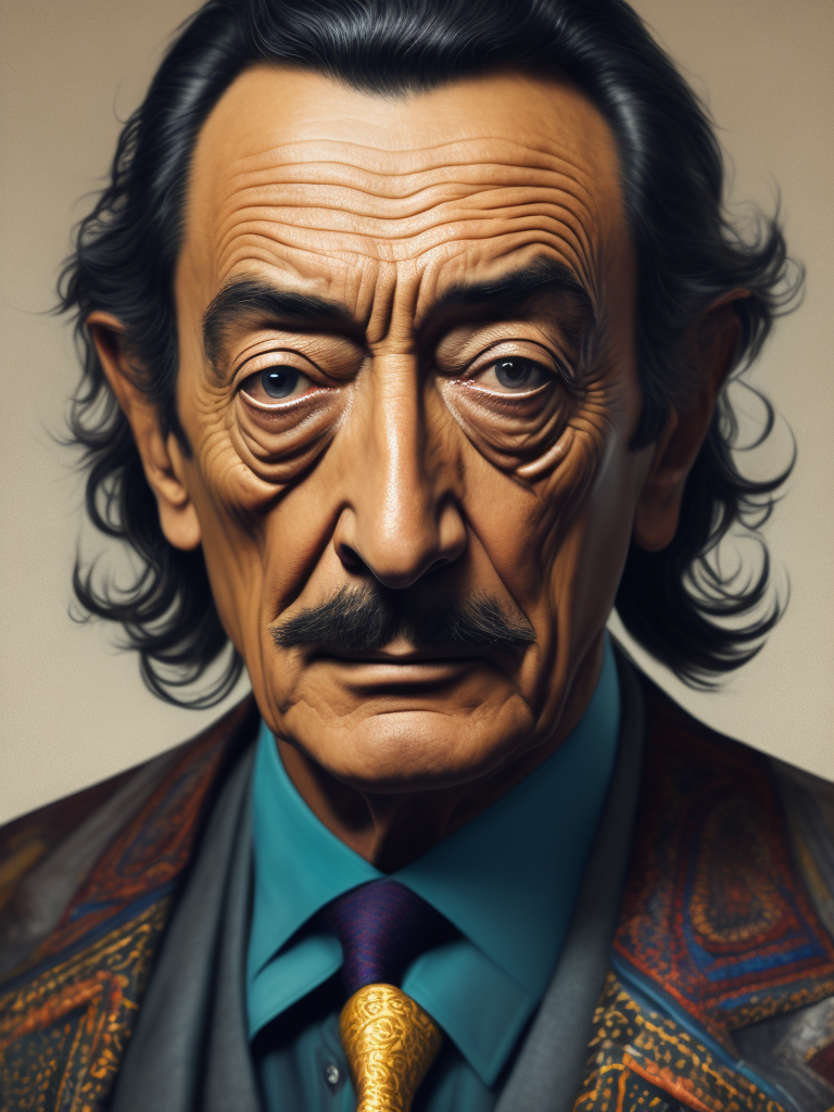 Salvador dali's portrait in vibrant colour using his painting style adding the famous elements in his paintings