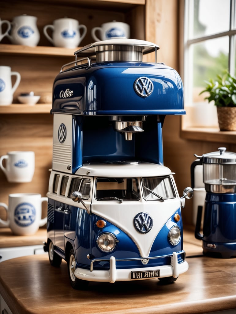 a vintage coffee maker shaped like a blue and white volkswagen kombi, grain grinder on top, coffe mug, kitchen, realistic