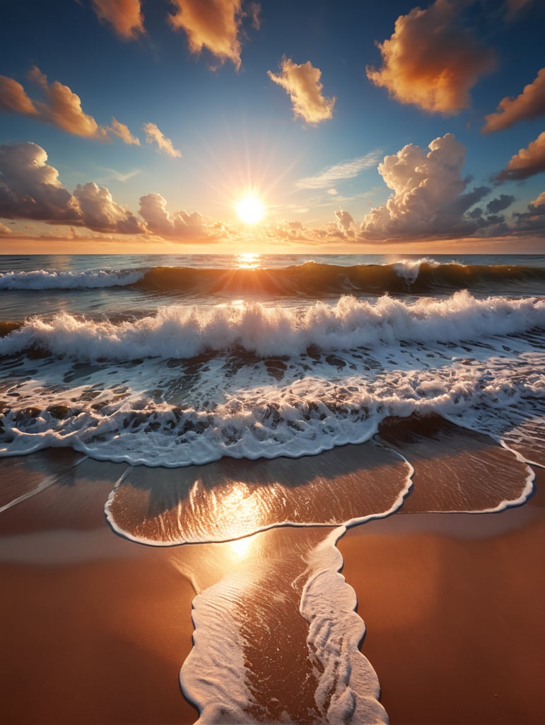 Um céu azul claro com nuvens brancas e fofas. O sol está se pondo no horizonte, deixando um rastro de luzes avermelhadas e douradas. O mar está calmo, com ondas suaves quebrando na areia.