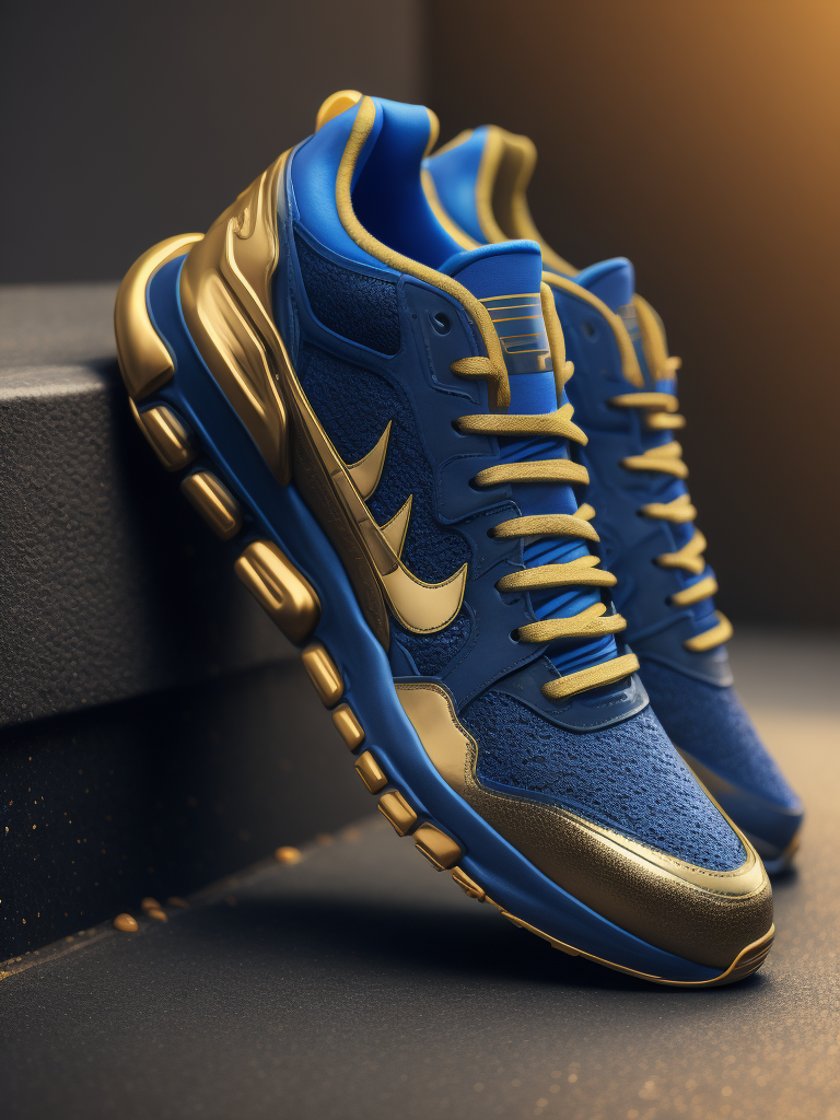 realistic photo of sports sneakers modern fashion blue and gold colors, sci-fi, deep atmosphere, dark, saturation, vibrance, sharp on details